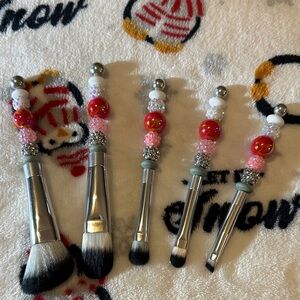 Beaded Makeup Brush Set - Pink and Silver - Handmade